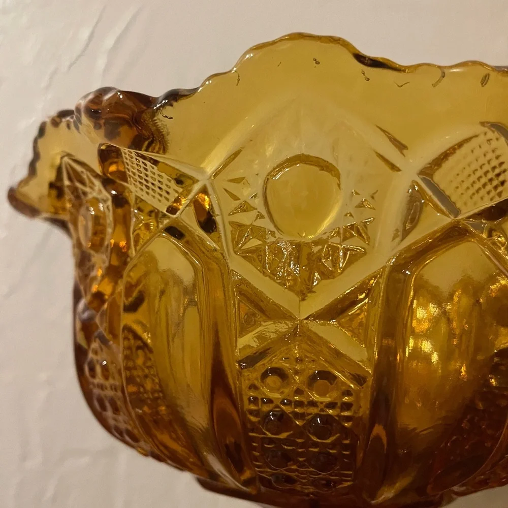 LE Smith Compote Candy Dish Amber Glass Vintage Heritage Hobstar Cane‎ & Arch